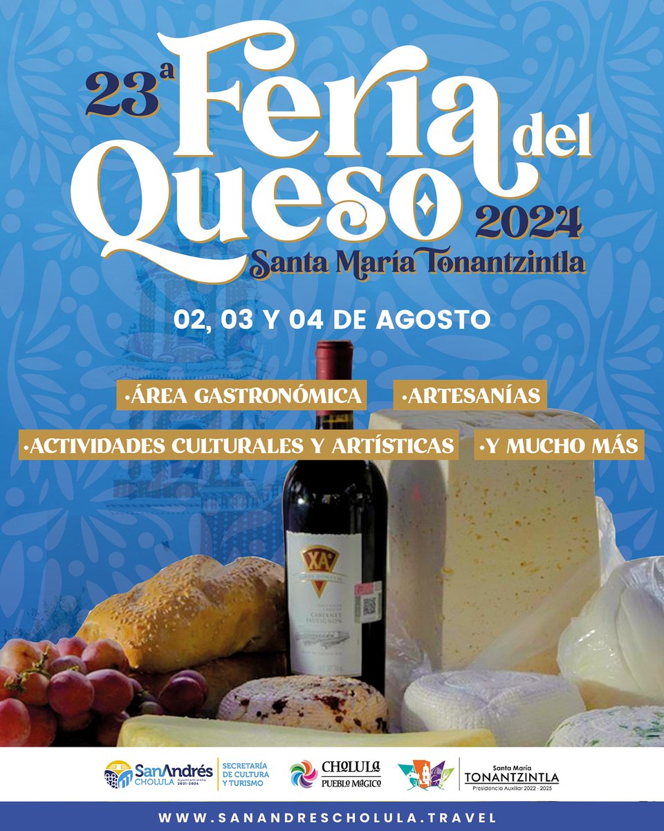 La 23a Feria del Queso 🧀 de Santa María Tonantzintla se celebrará del 📅 2 al 4 de agosto, contando con las y los ✅️ mejores productores de la región reunidos en un solo lugar.

¡Te esperamos con toda tu familia! 👨‍👩‍👦‍👦

#SanAndrésCholula #ContigoHacemosFuturo