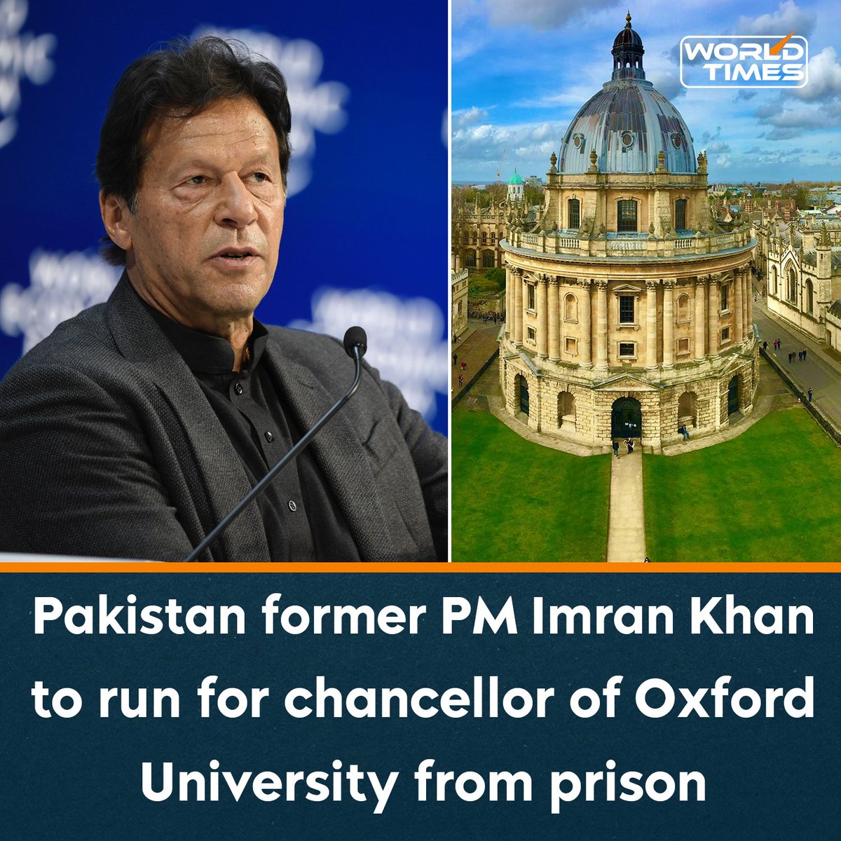 WorldTimesWT's tweet photo. Pakistan's former prime minister Imran Khan is reportedly planning to apply for the position of the chancellor at Oxford University after the seat became vacant following the resignation of Lord Patten, who stepped down after 21 years in the role, The Telegraph reported.

The election process for the new chancellor will be conducted online for the first time, allowing the university's 350,000-strong convocation to participate.