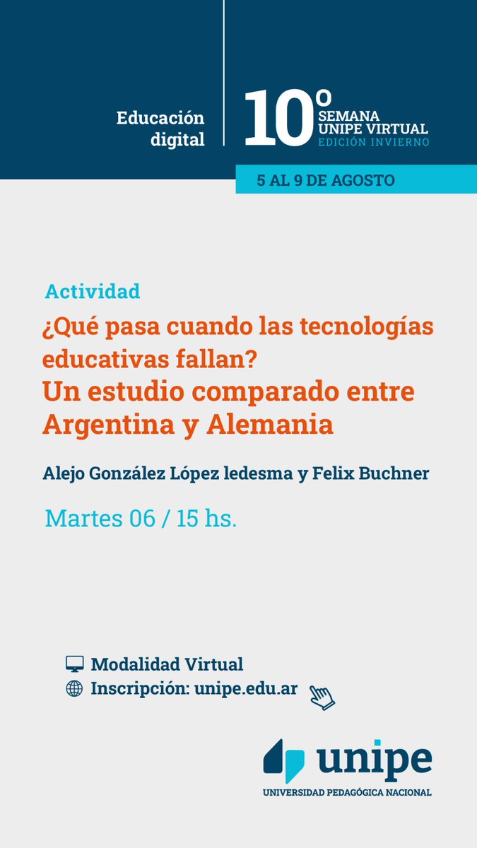 Qué pasa cuando las tecnologías educativas fallan? Qué prácticas del trabajo docente emergen cuando nos corremos del solucionismo tecnológico? El martes 6 a las 15 hs vamos a estar hablando de esto con <a href="/fbue_edu/">Felix Büchner</a> en #SemanaUnipe gracias
<a href="/patoferrante/">pato</a>! unipe.edu.ar/unipevirtual/i…