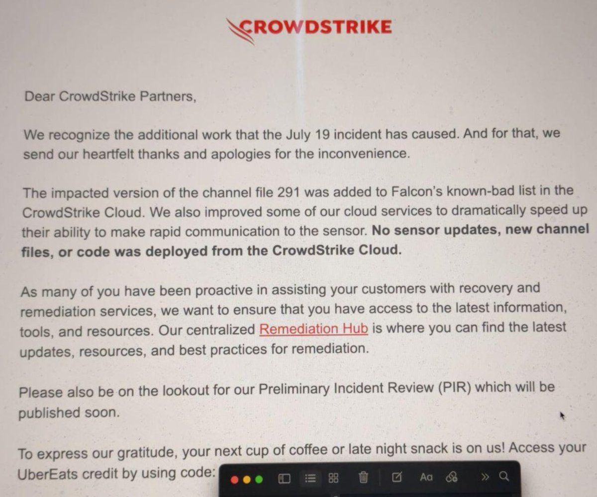 binitamshah's tweet image. CrowdStrike is offering its partners a $10 Uber Eats gift card as an apology. 

When TechCrunch checked the voucher, the Uber Eats page provided an error message that said the gift card “has been canceled by the issuing party and is no longer valid.” : techcrunch.com/2024/07/24/cro…