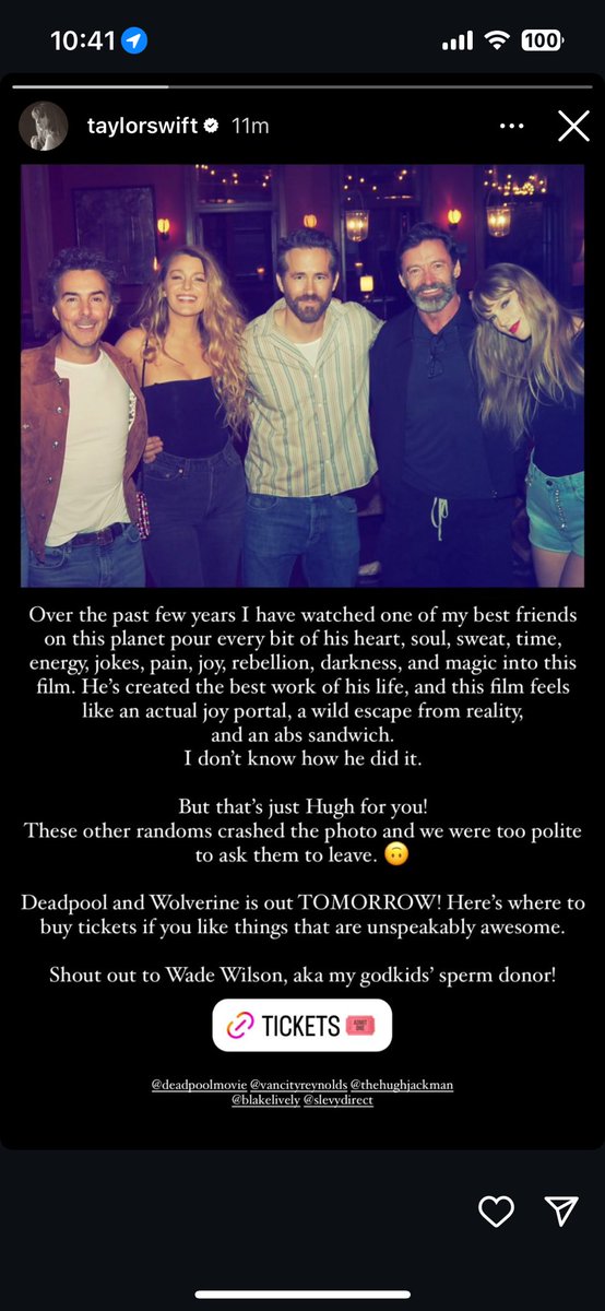 LaPuercaylor's tweet image. Taylor Swift via instagram 

“En los últimos años he visto a uno de mis mejores amigos en este planeta verter cada pedacito de su corazón en esta película. ¡No sé cómo lo hizo!

¡Esto es solo para Hugh para ti! Estos otros desconocidos se unieron a la foto y fuimos demasiado…