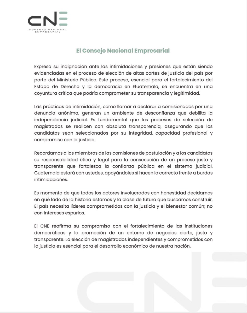 _CNEgt's tweet photo. La elección de magistrados independientes y comprometidos con la justicia es esencial para el desarrollo económico de Guatemala. https://t.co/e2hp7k2Lh0