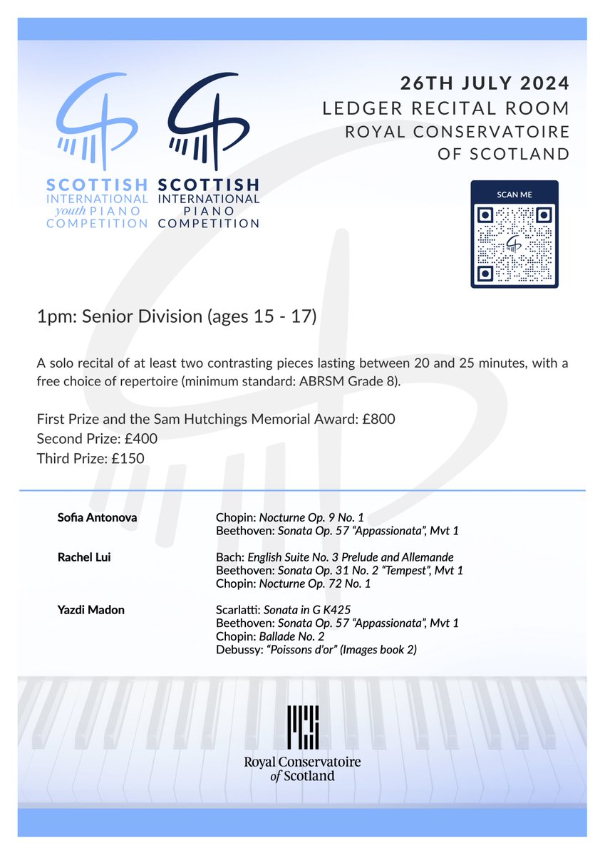 ScotPianoComp's tweet photo. 🏴󠁧󠁢󠁳󠁣󠁴󠁿 Excited for tomorrow's annual Scottish International Youth Piano Competition, held in conjunction with @RCStweets! 🎹 

🕙 10am - 12 noon (approx.): Junior Division (ages 12 - 14)
🕐 1pm - 6pm (approx.): Senior Division (ages 15 - 17)

🎟️ Free tickets from RCS Box Office 🎶 https://t.co/yfcM2Sgi3z