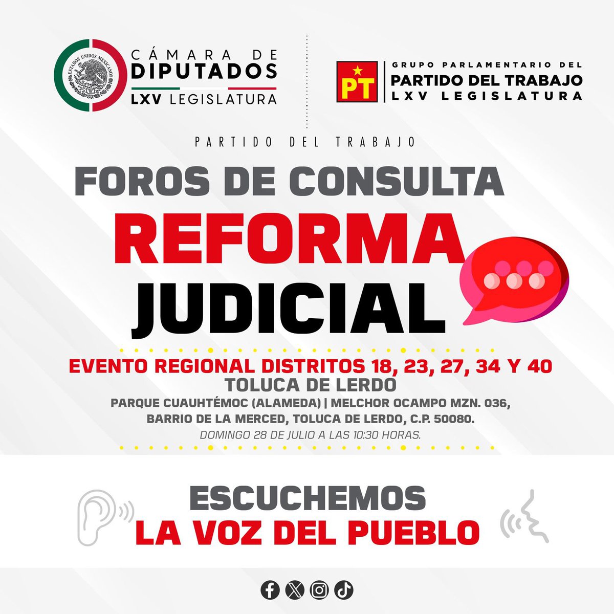 El GPPT te invita al Foro de consulta #ReformaAlPoderJudicial  que se llevará a cabo en #Toluca este domingo 28 de julio. 
Tu participación es importante