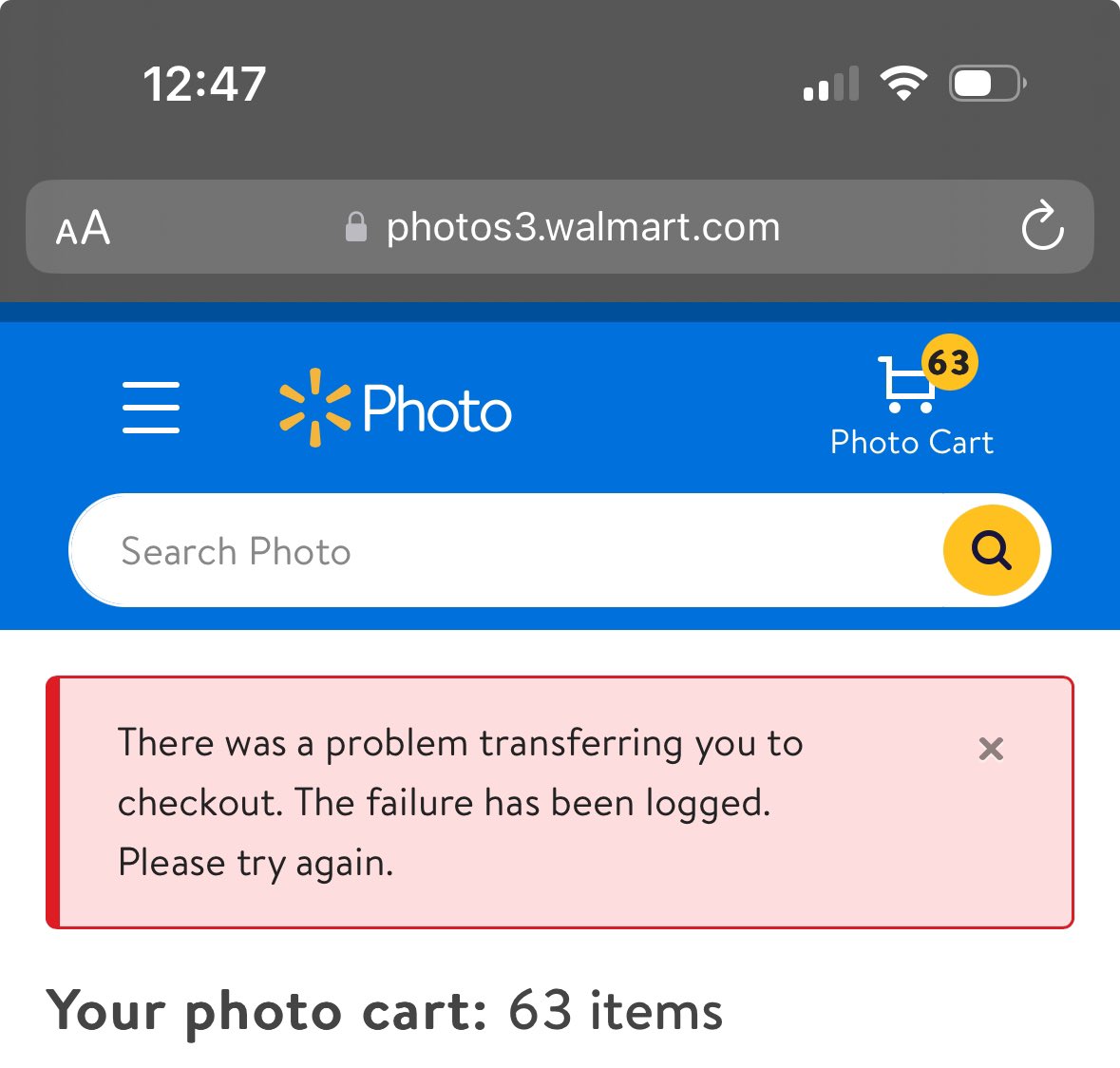 UnashamedlyMath's tweet photo. I’ve been trying to buy photo prints from @Walmart and keep getting this damn message.

Now I guess I’m forced to @Walgreens for photo printing. https://t.co/15CtYMjMjq