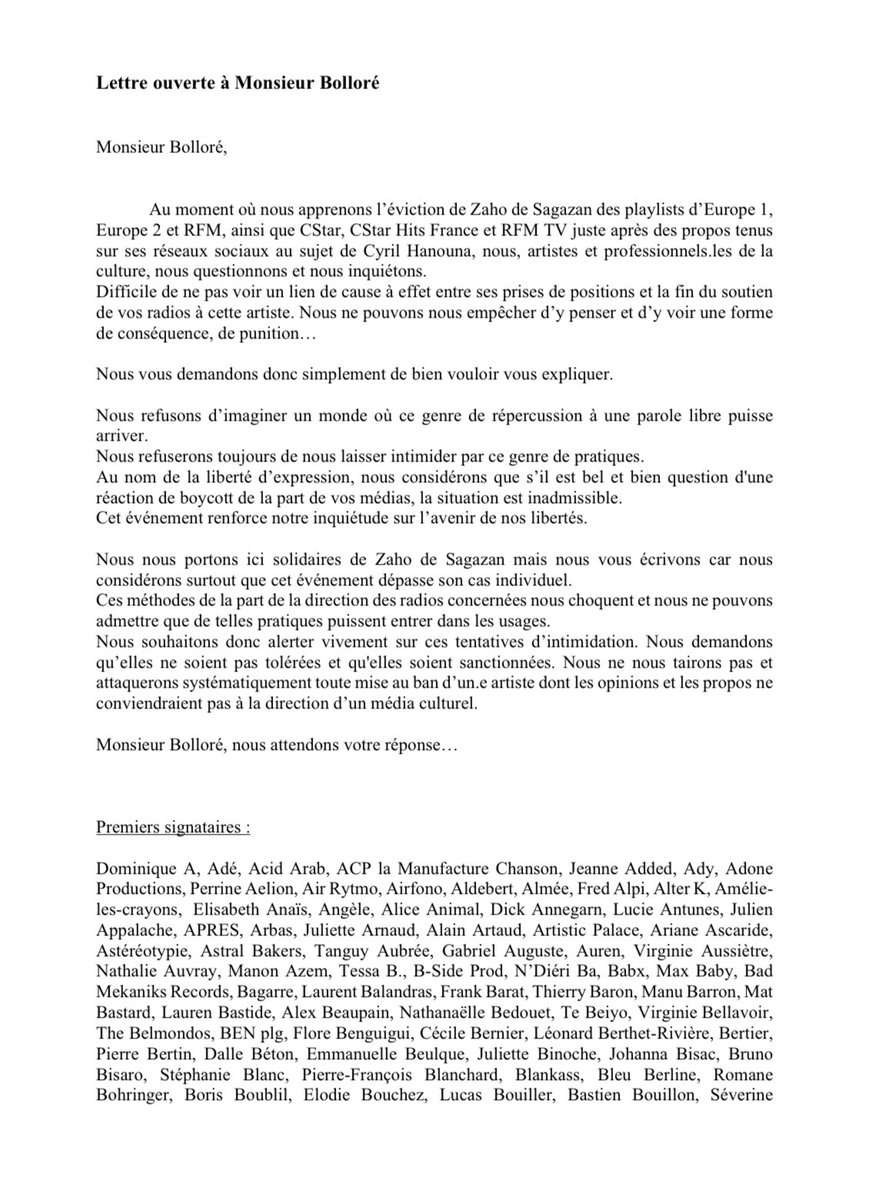 JFGuyot's tweet photo. Près de 600 artistes, dont #Angèle, Juliette #Binoche ou Virginie #Despentes, interpellent dans une lettre ouverte jeudi le milliardaire Vincent #Bolloré au sujet de ce qu'ils qualifient d'"éviction" de #Zaho de #Sagazan des médias de son groupe, Europe 1, Europe 2 ou RFM (#AFP) https://t.co/y5gt6YYC0t