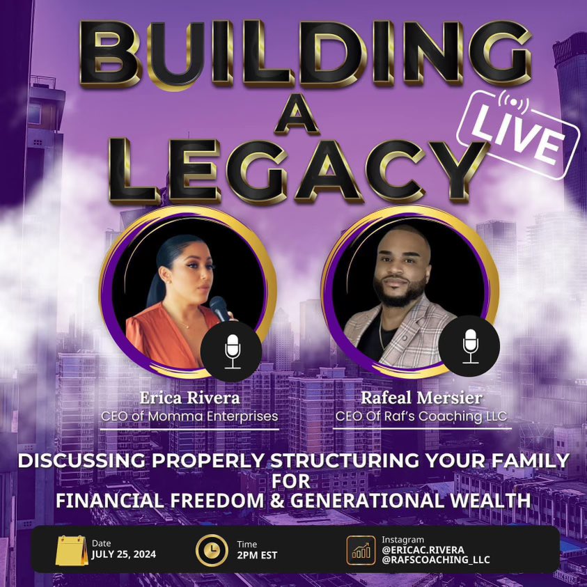 Today’s the conversation of the year!!  Facebook Live Event Announcement 📣

🌟 ** IN 1HR!! ⏰ Join Us Live right here! Building Generational Wealth: Business Structures and Long-Term Policies**

📅 **Date:** July 25th  
🕑 **Time:** 2:00 PM EST

🎤 facebook.com/RMERSIE?mibext…