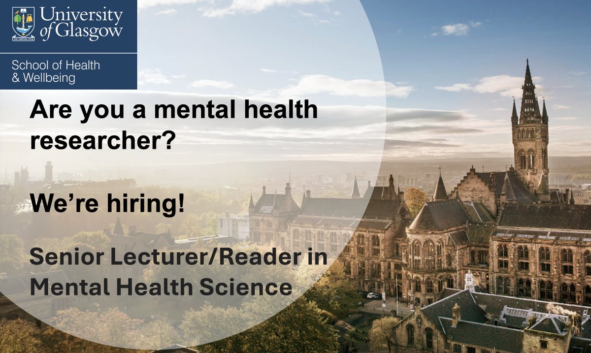 Rory O'Connor (@suicideresearch) on Twitter photo 🆕 Exciting new opportunity at <a href="/UofGlasgow/">University of Glasgow</a>
☑️We're looking to recruit a brilliant Senior Lecturer/Reader in Mental Health Science
☑️Any area of mental health research which complements our existing research areas considered
☑️Full details: my.corehr.com/pls/uogrecruit…
☑️Closing 🆕 Exciting new opportunity at <a href="/UofGlasgow/">University of Glasgow</a>
☑️We're looking to recruit a brilliant Senior Lecturer/Reader in Mental Health Science
☑️Any area of mental health research which complements our existing research areas considered
☑️Full details: my.corehr.com/pls/uogrecruit…
☑️Closing