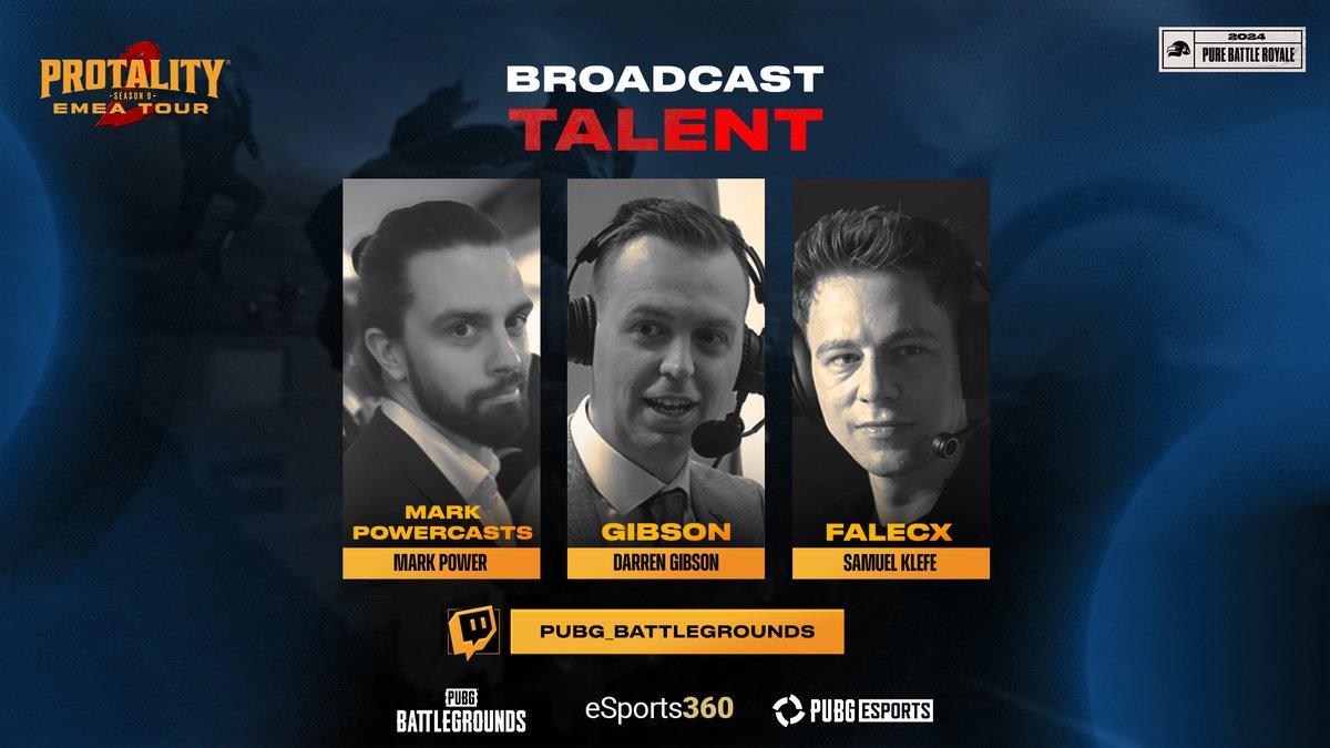 The fierce competition wouldn't be best without them on board! 🔥

Here is our talent crew who will be with us at PROTALITY EMEA TOUR 2. 🎙️

<a href="/PUBGEsports/">PUBG Esports</a> <a href="/PUBG_TUR/">PUBG: BATTLEGROUNDS Türkiye</a>