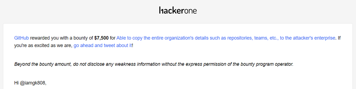 My Highest bounty from GitHub 🥳
Tip: Read the docs &amp; Check each API endpoint
#bugbounty #pentesting  #hackerone #ethicalhacking #bounty #bugbountytips #bugbountytip
