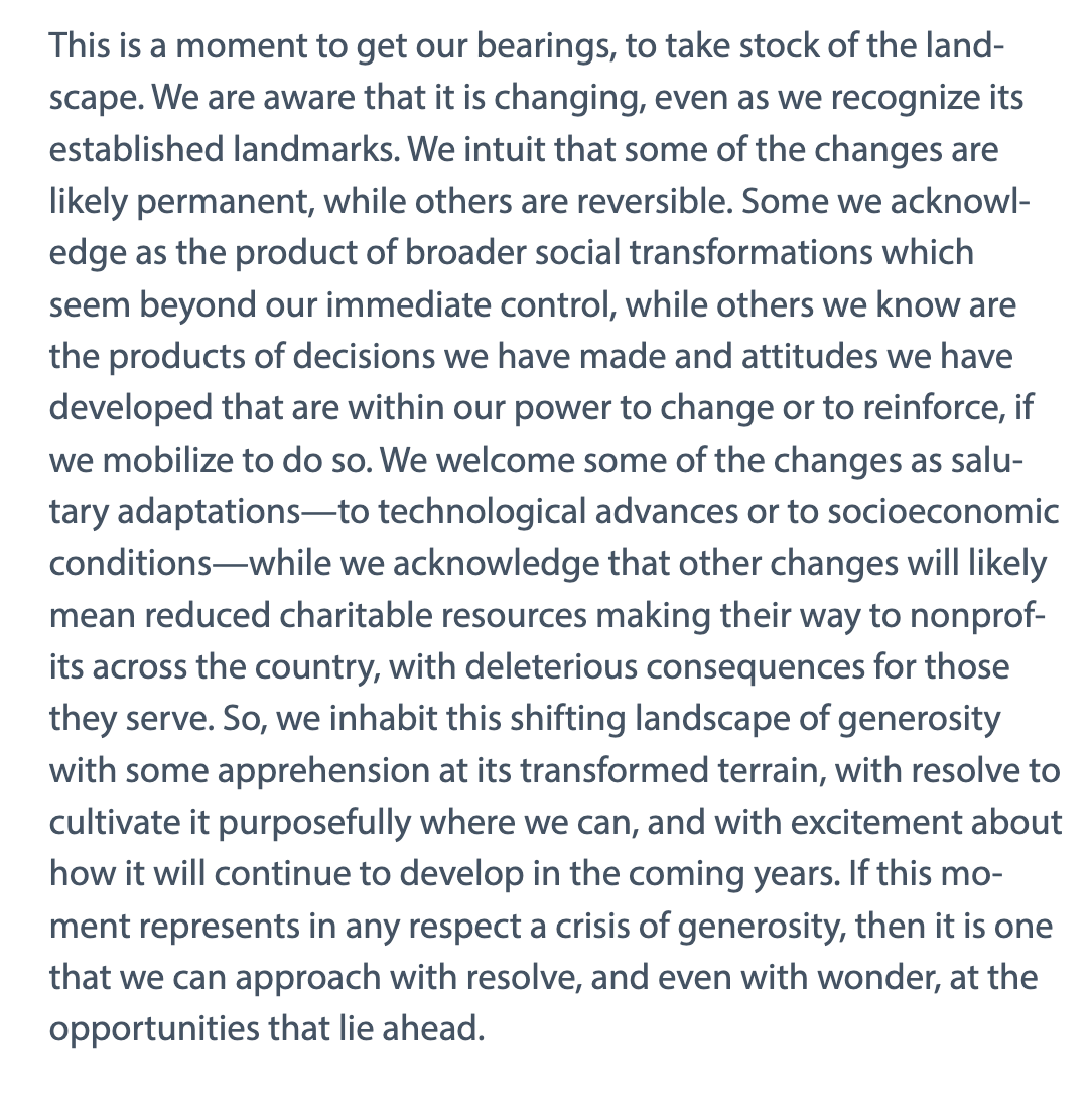 Benjamin Soskis (@bensoskis) on Twitter photo The landscape analysis is a teaser of the final report of <a href="/generositycomm/">The Generosity Commission</a>, which will be coming out this September, which takes these issues on, and more. Here's a taste of the landscape analysis, what I guess you could call it's closing peroration. The landscape analysis is a teaser of the final report of <a href="/generositycomm/">The Generosity Commission</a>, which will be coming out this September, which takes these issues on, and more. Here's a taste of the landscape analysis, what I guess you could call it's closing peroration.