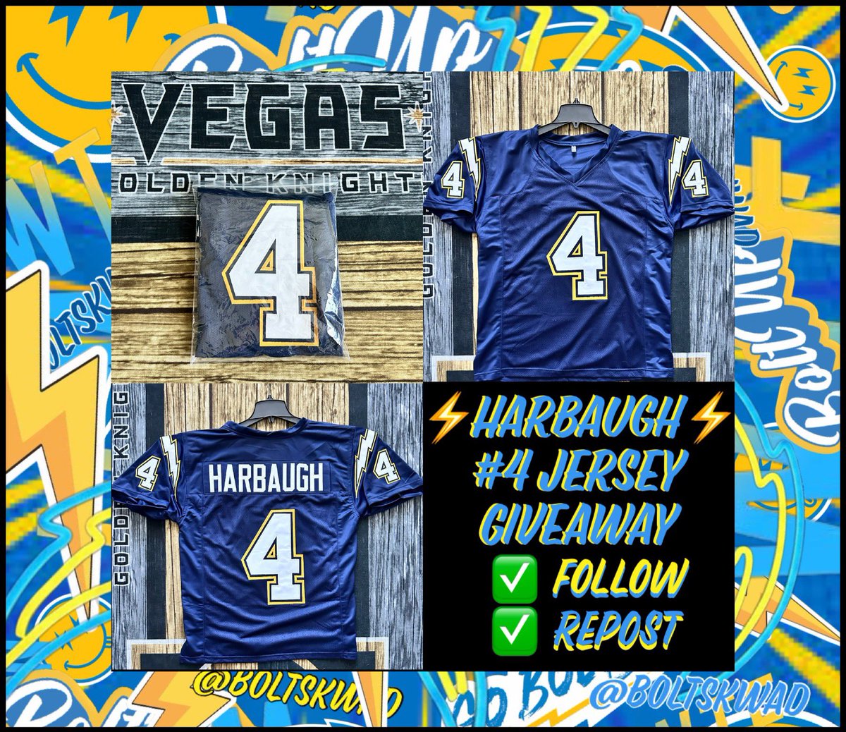 🚨⚡️GIVEAWAY CONTEST⚡️🚨

<a href="/DHBCLV/">DHBC Las Vegas</a> is giving away a Large Navy Harbaugh #4 Chargers jersey to kick off Training Camp. 

Rules:
✅-Follow <a href="/DHBCLV/">DHBC Las Vegas</a> 
✅-Quote Tweet this post w/any Chargers GIF. 

Winner announced on Sunday July 28, 2024. 🤘🏼⚡️🤘🏼