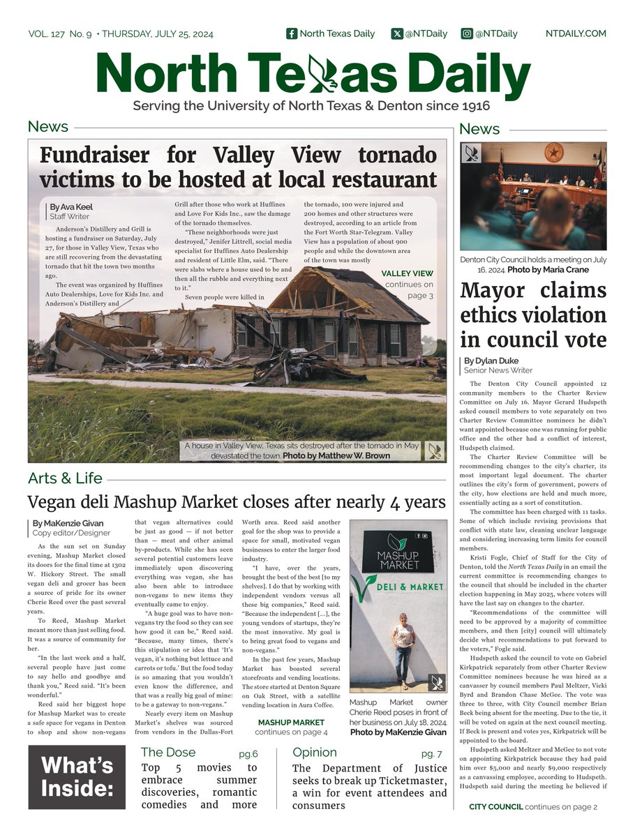ntdaily's tweet photo. Happy Thursday! In this week's issue, check out our coverage on a fundraiser for Valley View tornado victims, an alleged ethics violation during a city council meeting, the closing of a local vegan deli and more! https://t.co/fQk64KfBhF
