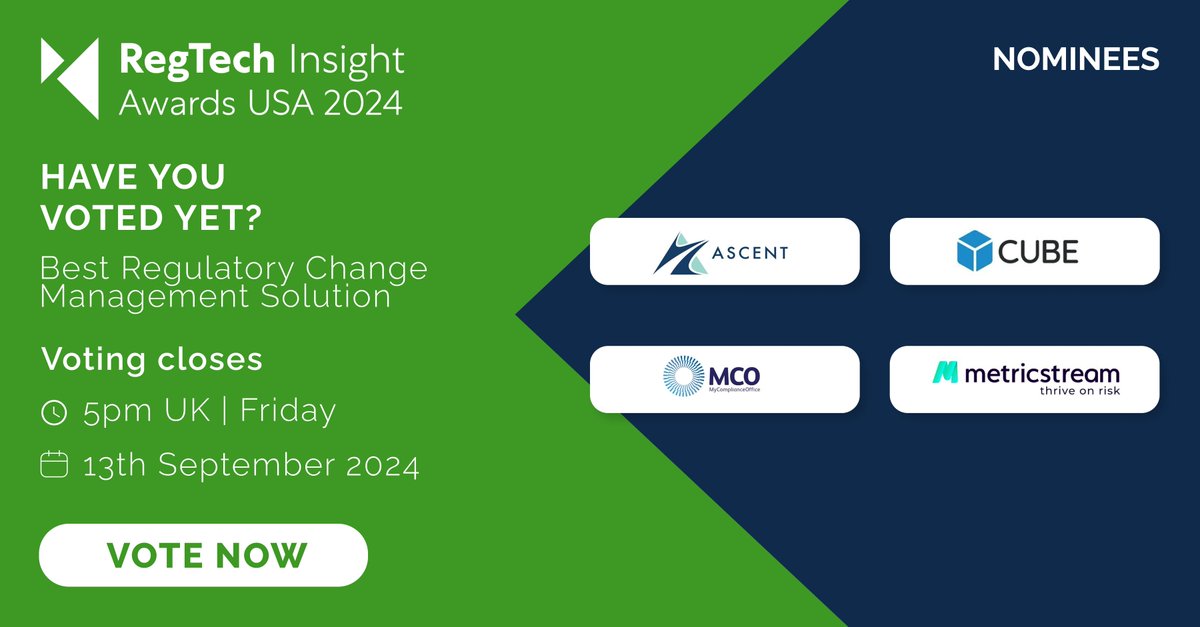 Vote now in the 2024 RegTech Insight Awards USA for Best Regulatory Change Management Solution!

We need your help to choose between <a href="/AscentRegTech/">Ascent</a> @cubeglobal <a href="/mycompliance/">MyComplianceOffice</a> or <a href="/MetricStream/">MetricStream</a>:

a-teaminsight.com/awards/regtech…

#RTIawards #regtech #regulatorychange #changemanagement