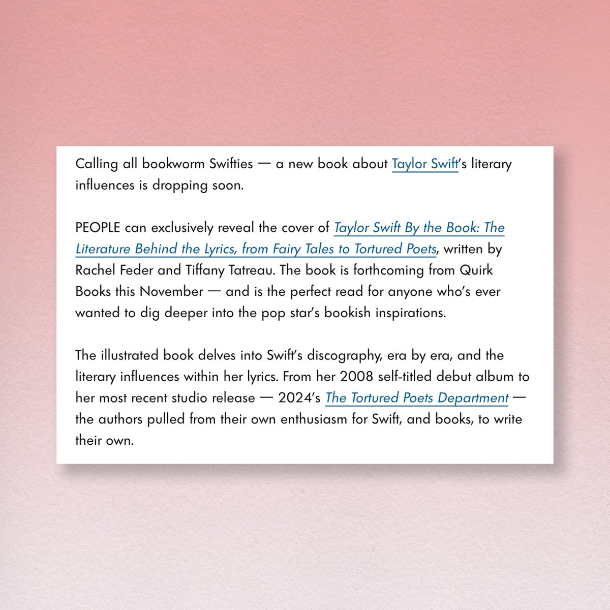 quirkbooks's tweet photo. The cover for TAYLOR SWIFT BY THE BOOK by @RachelFederDU and @tifftates is here, revealed exclusively on @people! 💌

This guide will turn anyone from a Taylor Swift lover into a Taylor Swift scholar. Preorder now!

Cover art: Bethany Mannion, cover design: Elissa Flanigan. https://t.co/emegAx5zVF