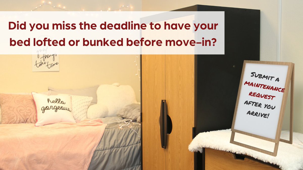 OU_HRL's tweet image. If you missed the deadline to have your bed lofted or bunked before move-in, you can still submit a maintenance request form after you arrive on campus. 📚 These requests will be fulfilled after the second week of classes. #MoveIn24 #OUQuickTips
