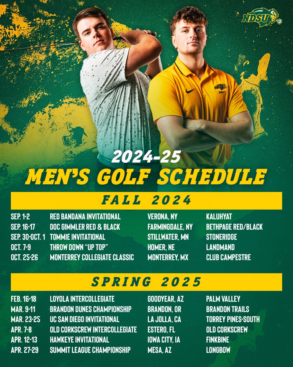 NDSUgolf's tweet photo. The 2024-25 schedule is set! ⛳️

📅: https://t.co/sFl5H1IxBN
📰:https://t.co/l5T5988UZv https://t.co/dAuhD2Qck2