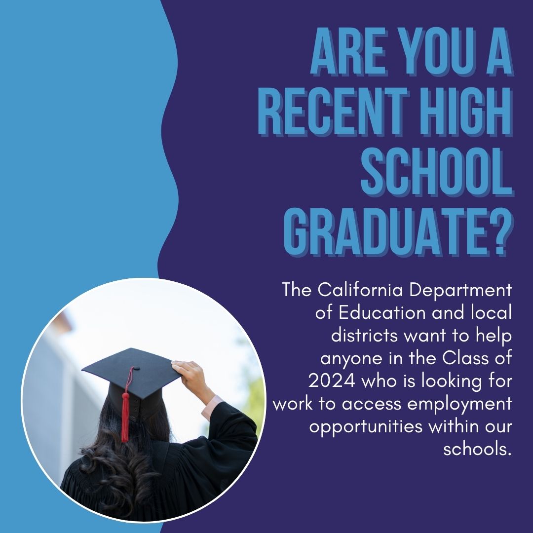CADeptEd's tweet photo. Are you a #Classof2024graduate looking for work? Did you know a classified position does not require a teaching credential? Come to work at our schools!
Email WorkinCASchools@cde.ca.gov get started. https://t.co/GEWfci2ygW