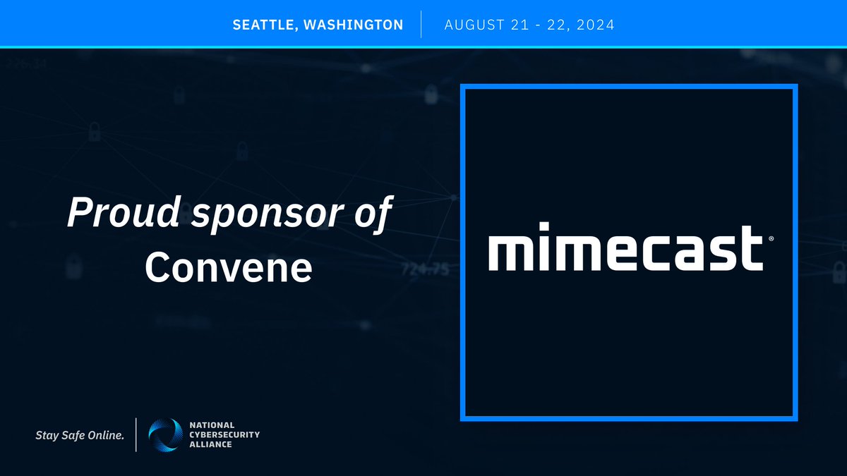 StaySafeOnline's tweet photo. 🔒@Mimecast, empowering security solutions since 2003, is a proud sponsor of Convene! Join us in Seattle August 21-22 to network with and learn from cybersecurity industry experts.
🎫Get your ticket here: https://t.co/Rjh6Q0fYHJ #StaySafeOnline #CyberEvents #ConveneSeattle https://t.co/0N2NYETKAC