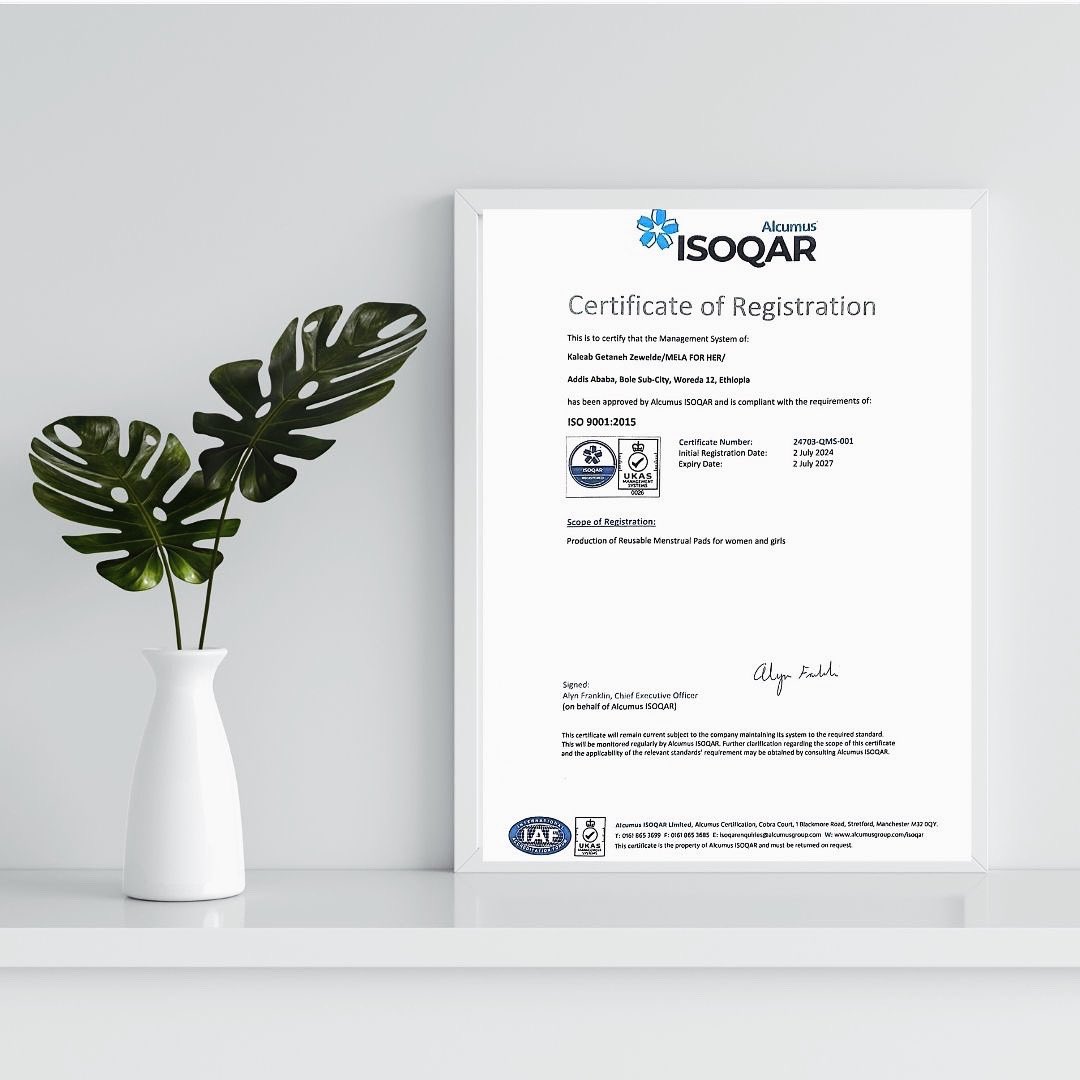 @MELAFORHER_ a company committed to #quality. 

We stand ahead in quality with our ISO 9001:2015 certificate🥇, so that you can have the #best menstrual products in the market.

#safety #excellence #reusablepads #Ethiopia #committedtoquality #committedtoyou