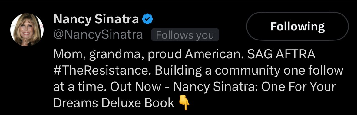 LulaMayBeHolly's tweet photo. You guys! My girlhood idol followed me & I’m 😳🤩🥹 Imagine me 10 years old glued to the tv, dancing along, then making my cousins perform it w me for our parents at Christmas (we got go-go boots) 😄 It’s a special memory❤️ Thank you, @Nancy #TheseBoots #Kamala2024 #Roevember https://t.co/8Qx8rrX4UB