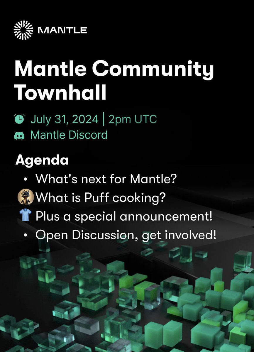Register for Mantle's Monthly Community Townhall, happening next week!

Register 👉 lu.ma/bwlu28fj

July 31, 2PM UTC Broadcasting live on 𝕏

Dive into the latest Ecosystem updates:
👩‍💻 Dev and Product with <a href="/0xjooohn/">jxhn</a> &amp; <a href="/Donmario/">mariusz.eth | .lens (+/+ 🦇🔊 )</a>

🐉 What is <a href="/puff_drgn/">Puff</a> Cooking? with