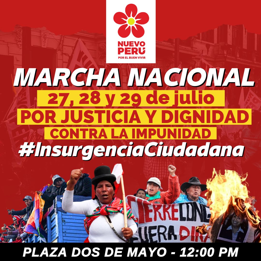 NuevoPeruMov's tweet photo. Este 27, 28, y 29 de julio nos movilizamos por justicia y dignidad en respaldo a las familias de las víctimas de la #dictadura y en rechazo a la coalición mafiosa entre el gobierno de #DinaAsesina y el Congreso corrupto.

¡Estamos en #insurgencia! https://t.co/WHSHIZwpwy