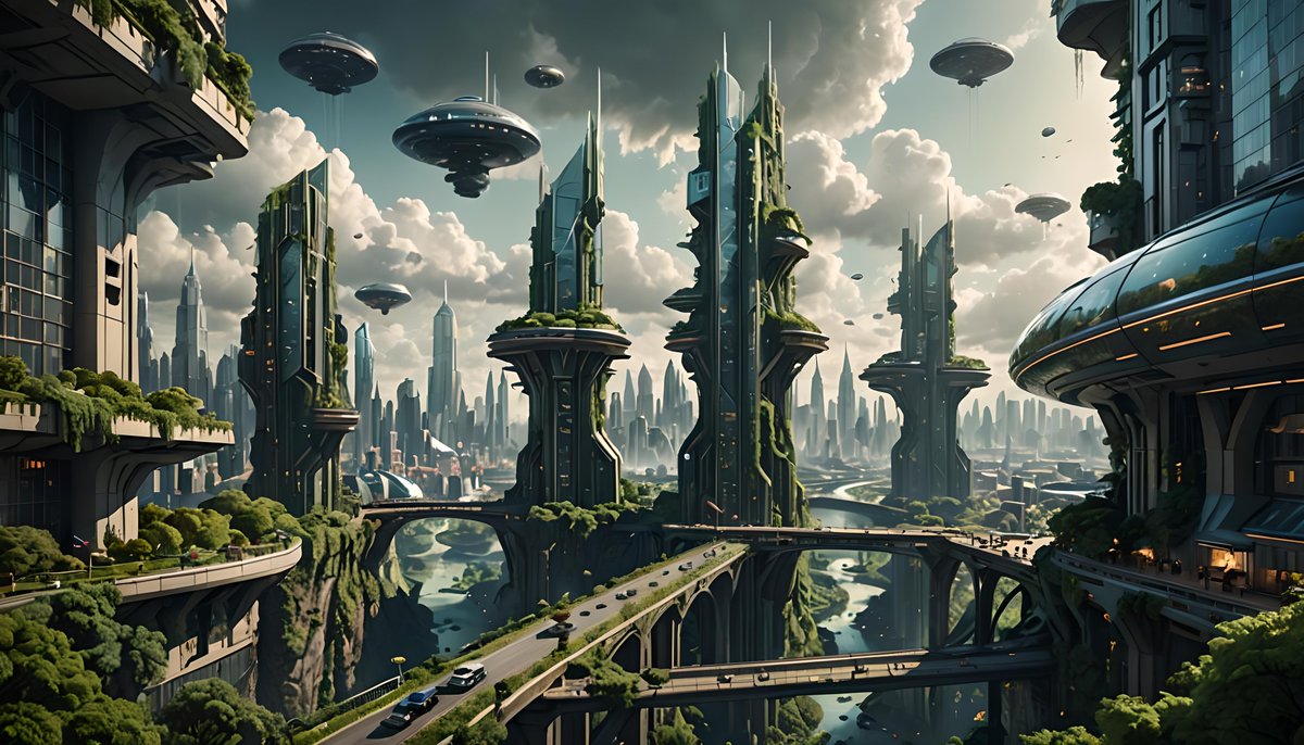 Bryantist's tweet photo. Futuristic city that I made via AI prompt #NightCafe #Futuristic #SciFi #AIart @NightcafeStudio https://t.co/Y2zkdbiJrF