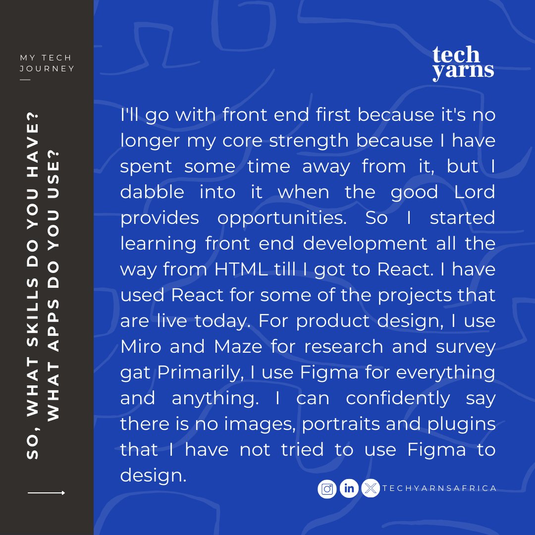 TechYarnsAfrica's tweet image. Find out why he is driven to innovate every day.
You can read the full story by clicking on the link in bio.
#techjourney #techstory #howigotintotech #mypassion #perservance #techie #aspiringtechie
