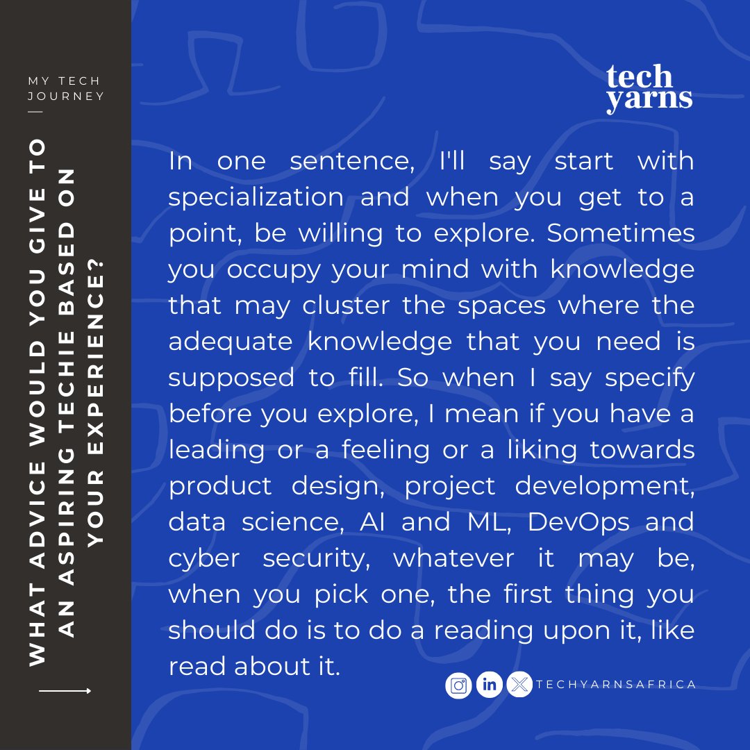 TechYarnsAfrica's tweet image. Find out why he is driven to innovate every day.
You can read the full story by clicking on the link in bio.
#techjourney #techstory #howigotintotech #mypassion #perservance #techie #aspiringtechie