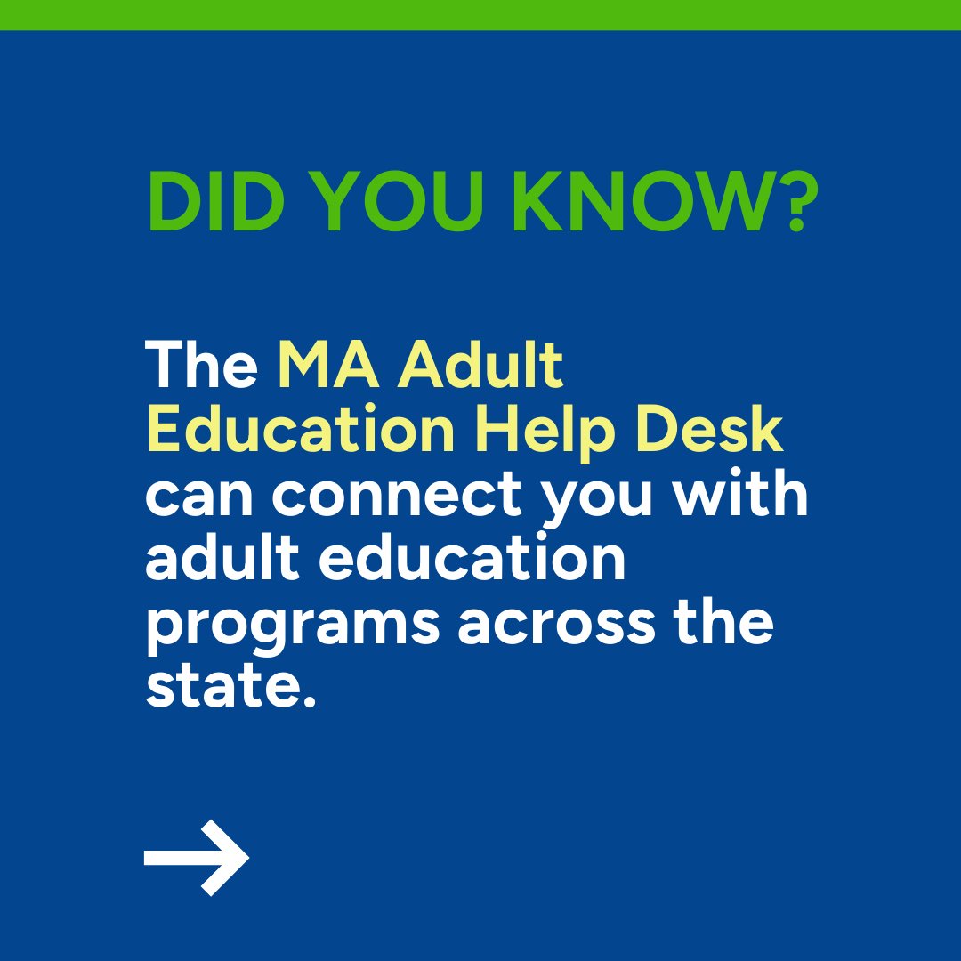 PublicAdultEdMA's tweet image. Adult education programs are here to help you take your next step. Check it out! adultedhelpdeskma.org

#livetolearn #adultlearning #HiSET #GED #ABE #ESOL #PublicAdultEdMA @PublicAdultEdMA @MASchoolsK12 
#Adulteducation