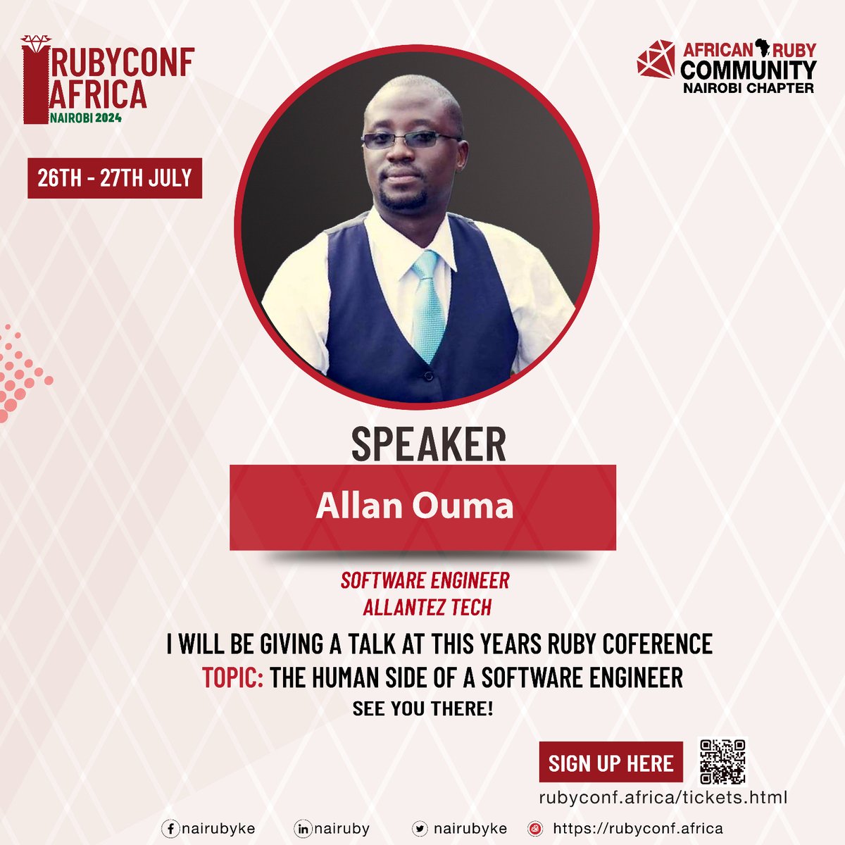 African Ruby Community (@ruby_african) on Twitter photo We are thrilled to introduce Allan Ouma <a href="/TezOuma/">Allan Ouma</a> as a speaker at #rubyconfafrica2024! 🥳🎉
He will give a talk about The Human Side of a Software Engineer! Interesting right!!
He is a seasoned Software Engineer with over 15 years experience. Currently doing consultancy work We are thrilled to introduce Allan Ouma <a href="/TezOuma/">Allan Ouma</a> as a speaker at #rubyconfafrica2024! 🥳🎉
He will give a talk about The Human Side of a Software Engineer! Interesting right!!
He is a seasoned Software Engineer with over 15 years experience. Currently doing consultancy work