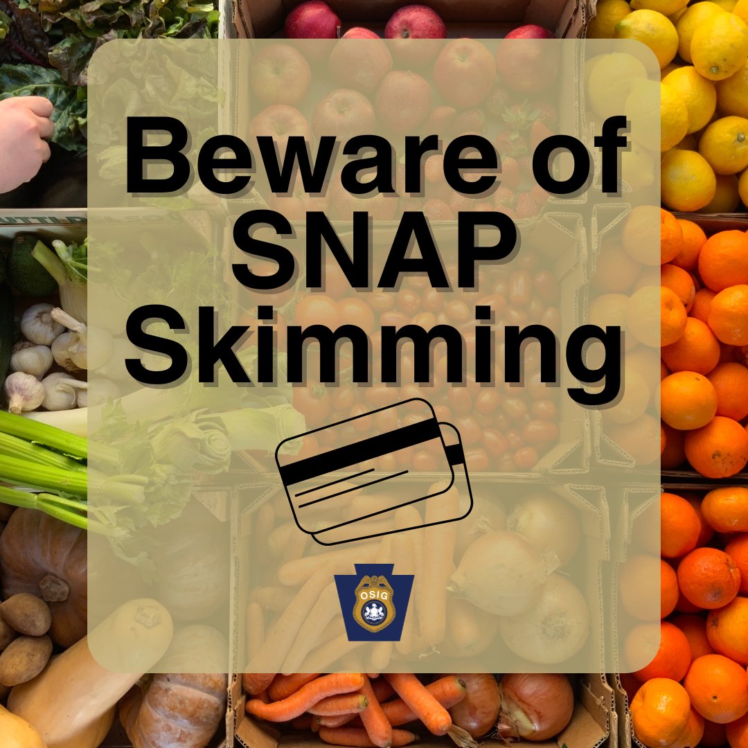 PA_OSIG's tweet image. Just like a bank or credit card, criminals can skim your SNAP or EBT card. 💳
If you suspect your benefits have been compromised, call the DHS at 1-844-DHS-TIPS (1-844-347-8477) right away. #SNAPFraud