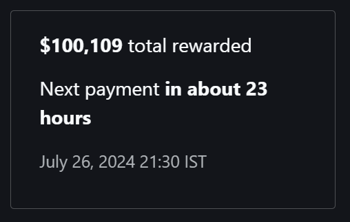 100k$ on <a href="/Bugcrowd/">bugcrowd</a> finally :)

Big thank you to everyone who contributed to this journey.

<a href="/_rajesh_ranjan_/">Rajesh 🇮🇳</a>  <a href="/Assass1nmarcos/">Aditya sharma 🇮🇳</a>  <a href="/ArmanSameer95/">TESS</a> and all my other friends <3 

(might not be as big of a number but it's a total milestone for me 🌟 :)