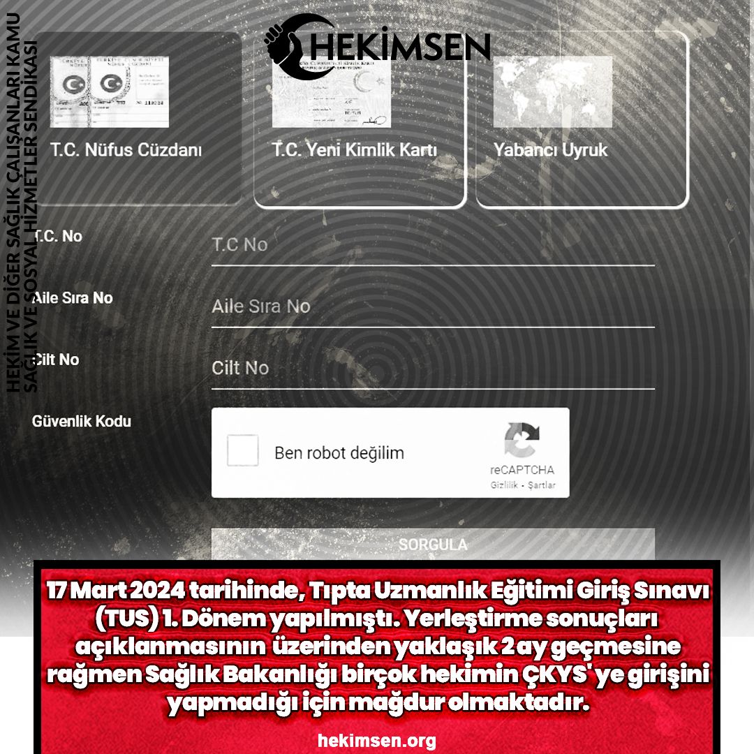 17 Mart 2024 tarihinde, Tıpta Uzmanlık Eğitimi Giriş Sınavı (TUS) 1. Dönem yapılmıştı. Yerleştirme sonuçları  açıklanmasının üzerinden yaklaşık 2 ay geçmesine rağmen Sağlık Bakanlığı birçok hekimin ÇKYS' ye girişini yapmadığı için mağdur olmaktadır.

👉Asistanlığa başlayacağı