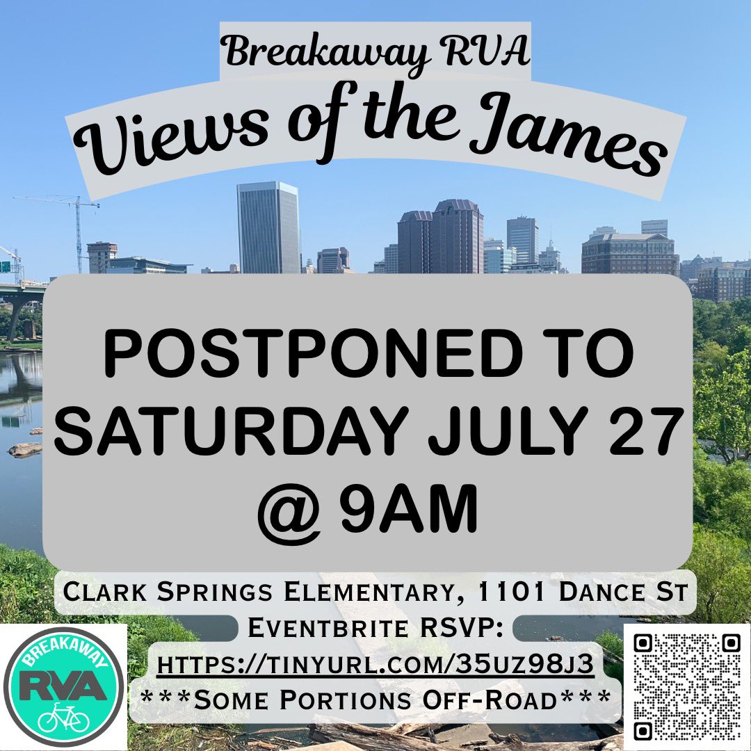 ⛈️⛈️RIDE POSTPONED⛈️⛈️
With uncertain weather today, we’re postponing our Views of the James ride to Saturday July 27 @ 9AM, starting at Clark Springs Elementary. Wx is supposed to be great on Saturday. Hope you can make it!