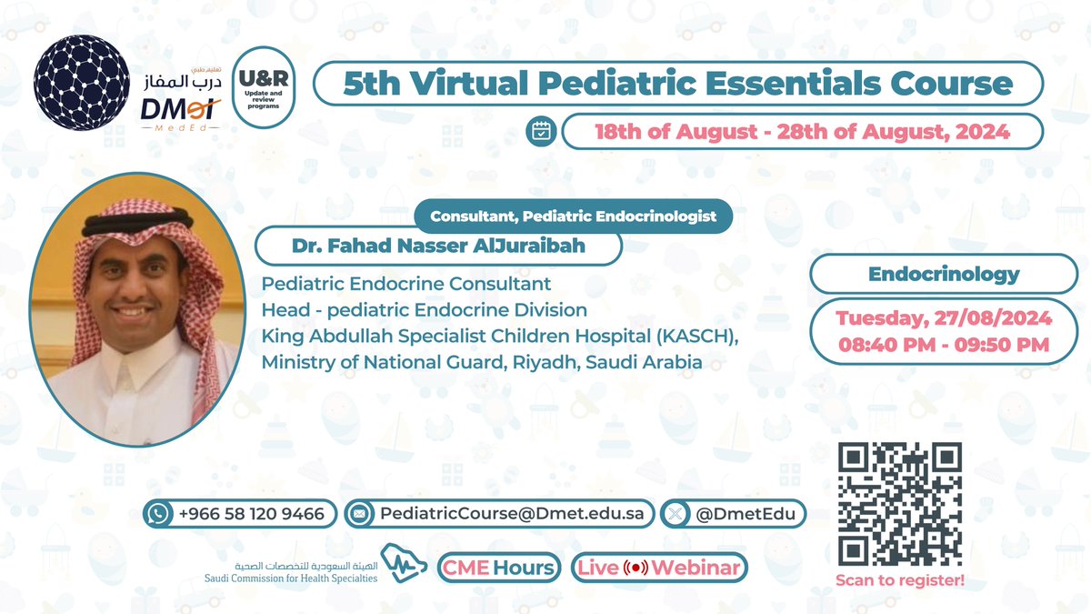 <a href="/jqanatish/">د.جبران القناطيش/ Jubran Alqanatish</a> <a href="/RahafHB/">ʀᴀʜᴀғ ʙᴀsʜɪʜᴀʙ</a> <a href="/KhaledAlSager/">Khaled</a> <a href="/alsalehi_saleh/">Saleh Alsalehi</a> <a href="/AAAMAlrasheed/">عبدالرحمن عبدالله الرشيد</a> <a href="/AsmAlshamrani/">Professor Abdullah Al-Shamrani</a> <a href="/Alzahrani_fawaz/">Alzahrani fawaz</a> <a href="/wesamalthaqafi/">Dr. Wesam Al Thaqafi</a> <a href="/DrZulfah/">Dr Abdullah Alzulfah</a> <a href="/Dr_malruwaithi/">Muhanad Alruwaithi د. مهند الرويثي</a> <a href="/FahadAlhabshan/">د. فهد الحبشان</a> <a href="/alshahranidh/">د. ظافر الشهراني Dhafer | قلب</a> 🔊Meet our distinguished speakers on 27 August:

🔷Dr. Sameer AlMehmadi

🔶Dr. Duaa Ba-Armah <a href="/DuaaBaarmah/">Duaa Ba-Armah</a>

🔷Dr. Manal Bawazeer <a href="/Dr_Bawazeer/">Manal Bawazeer</a>

🔶Dr. Fahad AlJuraibah <a href="/aljuraibah/">Dr. Fahad Aljuraibah</a> 

📲Registration link dmetedu.com/EZmeQQg

#أطفال⁧
#كورس
#Pediatrics
#Pediatric_Course⁩  ⁧