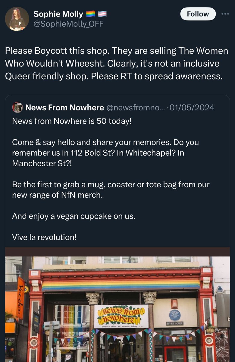 Hazel Appleyard (@hazelappleyard_) on Twitter photo Sophie is trying to cancel this small, not-for-profit book shop run by women because they sell a book he doesn’t personally approve of.
Can we make this post go viral and get <a href="/newsfromnowhere/">News From Nowhere</a> a lot more followers, just to spite him? Sophie is trying to cancel this small, not-for-profit book shop run by women because they sell a book he doesn’t personally approve of.
Can we make this post go viral and get <a href="/newsfromnowhere/">News From Nowhere</a> a lot more followers, just to spite him?