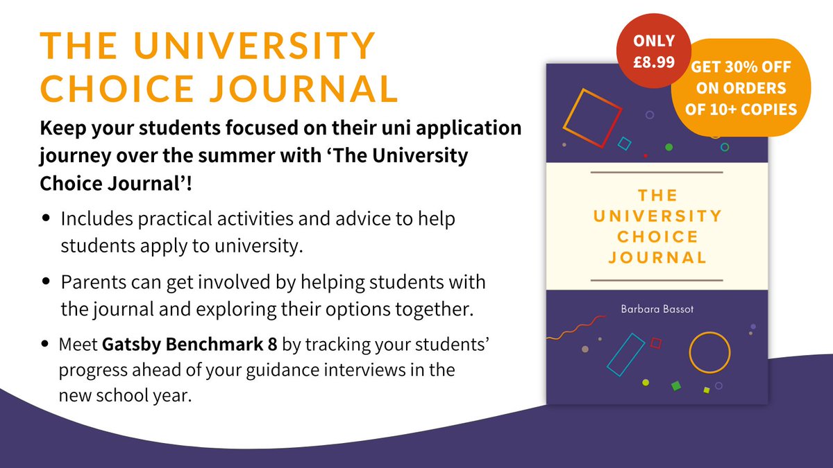 TrotmanUKBooks's tweet image. Get a head start on meeting #GatsbyBenchmark8 before the new school year with &apos;The University Choice Journal&apos;, the practical tool designed to support your students with their uni application.

Order 10+ copies and get 30% off: 
shorturl.at/haBL4

#UniApplication #Uni #UCAS