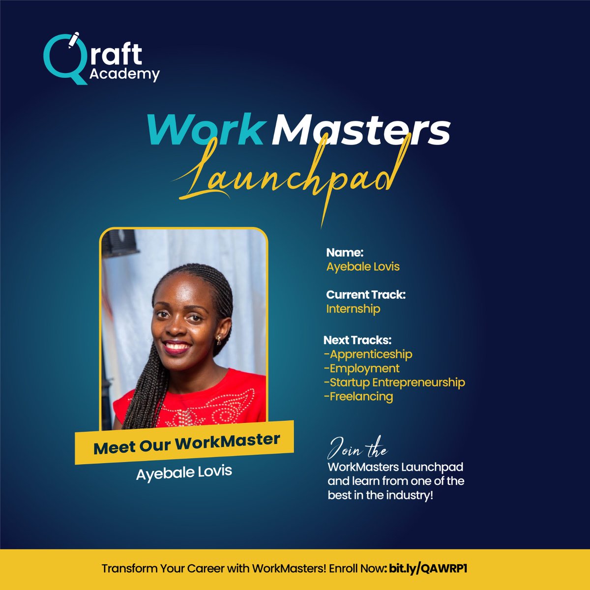 QraftAcademy's tweet photo. ๐ Meet our #WorkMasters: @lovisayebale a vibrant entrepreneur, founder, Splengeance Salon, offering online/mobile beauty services
Join the WorkMasters Launchpad to transform your career: https://t.co/JNI6tF83WG #WorkReadinessAndDigitalSkilling #EmployabilityAndEntrepreneurship https://t.co/VH6h1d4LNq