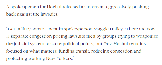 JonCampbellNY's tweet photo. 👀

This response from Hochul's office to the new congestion pricing lawsuits seems to group the prior lawsuits (which were seeking to halt CP) with the new ones (which want CP to move ahead). 

From the great @s_nessen:
 
https://t.co/OkCMvGknc7 https://t.co/tvyBsYSJqO