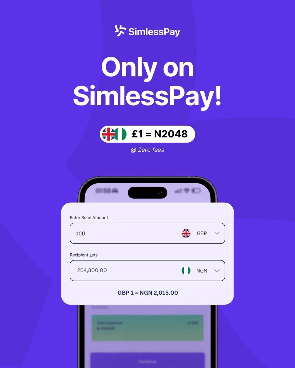 Backbenchercars's tweet image. Send smarter, not harder! 💡 #Simlesspay offers:

✅ Unbeatable exchange rates
✅ Completely fee-free transfers
✅ More savings, more joy
✅ No hidden fees, no worries
✅ £10 bonus on £250+ transfers

Download now and get more for your money! 📊