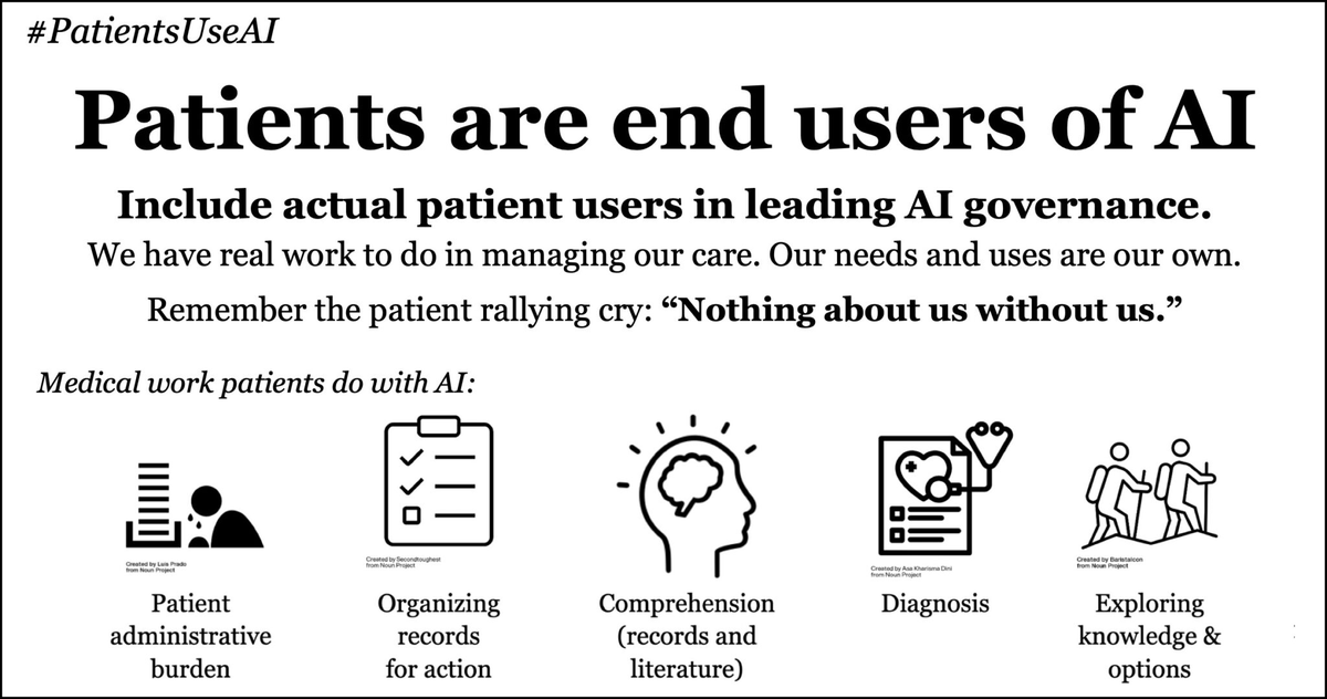 Dave deBronkart (@epatientdave) on Twitter photo <a href="/zakkohane/">Isaac Kohane</a> .@ZakKohane FWIW here's the list of 5 categories of #PatientsUseAI use cases created by some of us (mainly <a href="/GraceCordovano/">Enlightening Results 💡</a>)
She has many examples of how she's used LLMs in her work as an advocate on the patient side of the relationship <a href="/zakkohane/">Isaac Kohane</a> .@ZakKohane FWIW here's the list of 5 categories of #PatientsUseAI use cases created by some of us (mainly <a href="/GraceCordovano/">Enlightening Results 💡</a>)
She has many examples of how she's used LLMs in her work as an advocate on the patient side of the relationship