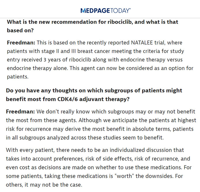 DFCI_BreastOnc's tweet image. Rachel Freedman, MD (@DrRFreedman) discusses CDK4/6 therapy for patients with #EarlyBreastCancer
medpagetoday.com/reading-room/a…