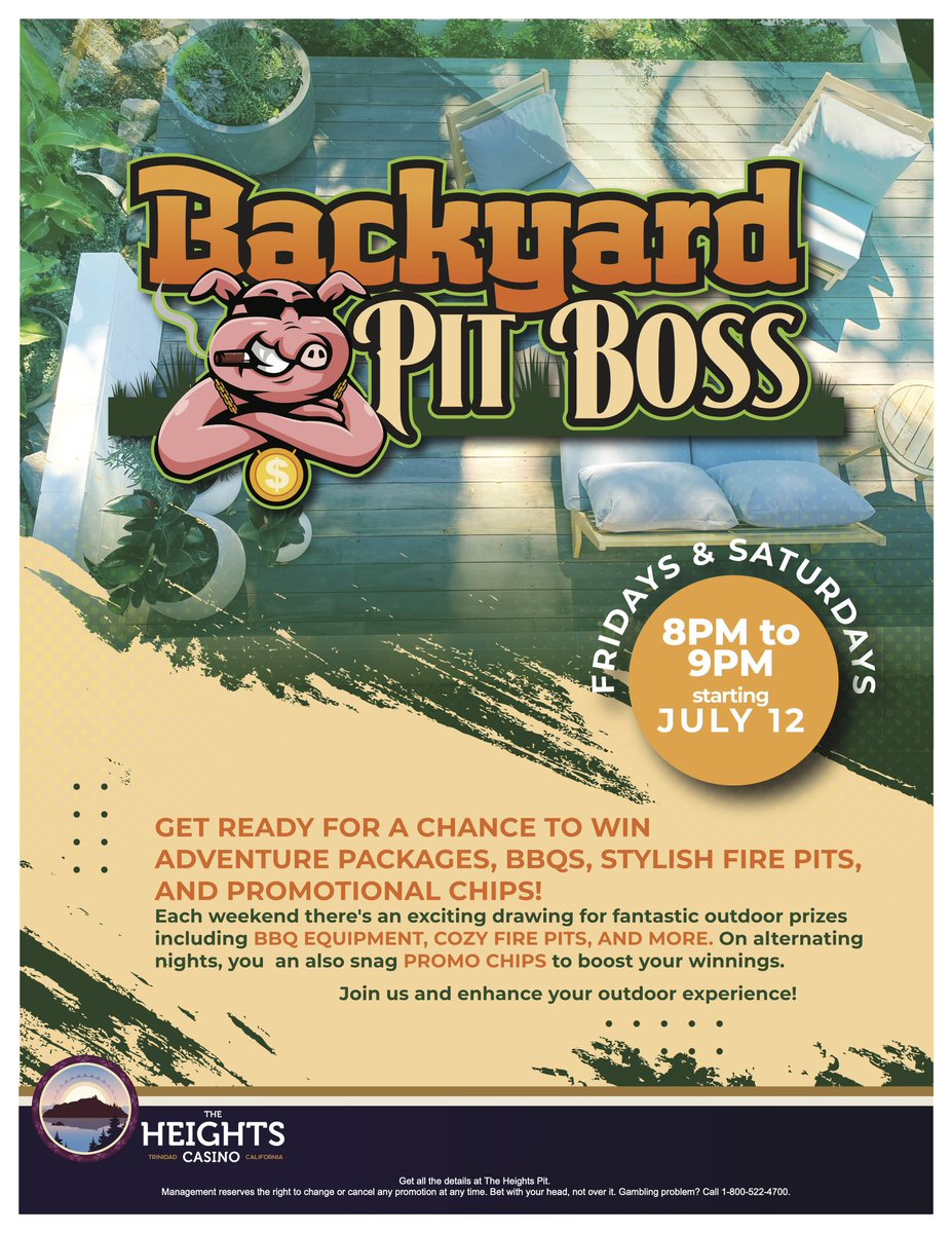 🍗 🍔 🔥 Backyard Pit Boss is here!! 🔥 🍔 🍗

🗓️ FRI/SAT 8PM-9PM! Get ready for a chance to win adventure packages, BBQs, stylish fire pits &amp; promotional chips!

#humboldt #thingstodoinhumboldt #trinidad #arcata #mckinleyville #eureka #fortuna #ferndale #bluelake