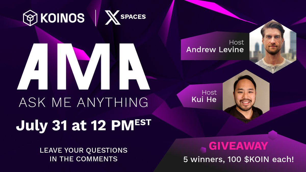 KoinosNetwork's tweet photo. Koinos AMA on X Spaces!  

When: Wednesday, July 31st, 12PM EST  
Where: X Spaces
Prizes: 500 $KOIN in prizes!

Follow @koinosnetwork for more details!