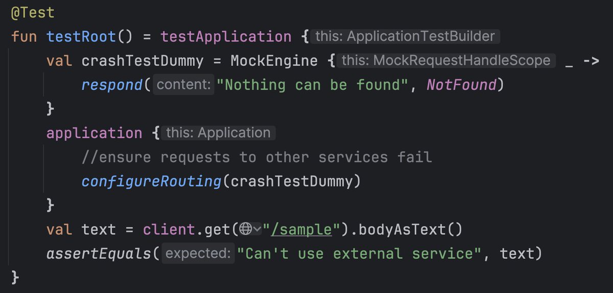 kotlin's tweet image. 💡 The Ktor HTTP Client includes a mocking engine to intercept requests between services.

You can combine it with the test framework to: 
👉 Simulate errors and return sample data 
👉 Break dependencies on the external environment

Give it a try! Official documentation…