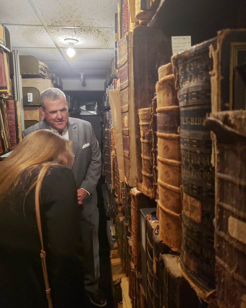 RISecState's tweet photo. A historical visit! Thank you @RIHistory for hosting Secretary Amore and State Archivist Ashley Selima at the Robinson Research Center. Deputy Executive Director Richard Ring and Associate Director Phoebe Bean showed us the research space and collection storage.
#rihistory https://t.co/OsGUWUp6Nr