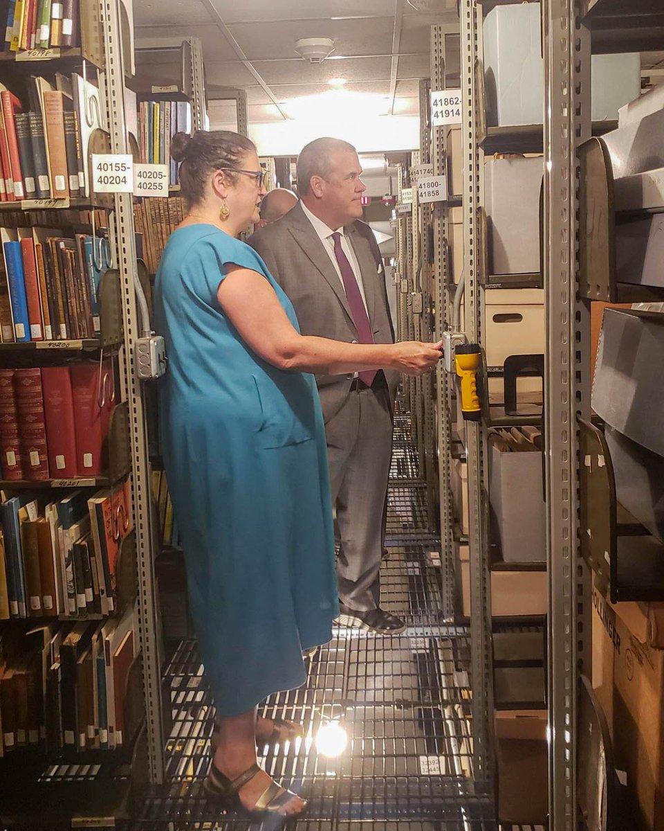 RISecState's tweet photo. A historical visit! Thank you @RIHistory for hosting Secretary Amore and State Archivist Ashley Selima at the Robinson Research Center. Deputy Executive Director Richard Ring and Associate Director Phoebe Bean showed us the research space and collection storage.
#rihistory https://t.co/OsGUWUp6Nr