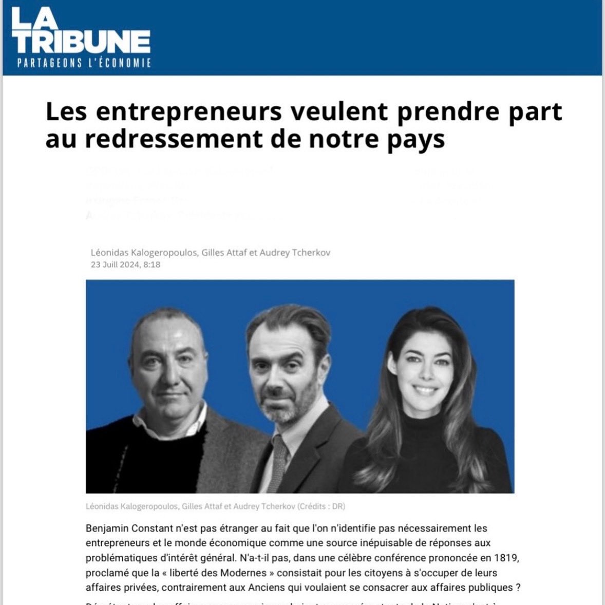 Audrey Tcherkoff (@audreytcherkoff) on Twitter photo 🇫🇷« Les #entrepreneurs veulent prendre part au redressement de notre pays »: notre tribune avec avec <a href="/leonidas_kalo/">LĂ©onidas Kalogeropoulos</a> et Gilles Attaf!Â
Rejoignez la discussion et partagez vos rĂ©flexions sur le rĂ´le des entreprises dans la sociĂ©tĂ© d'aujourd'hui en commentaires ! 🌍💬 🇫🇷« Les #entrepreneurs veulent prendre part au redressement de notre pays »: notre tribune avec avec <a href="/leonidas_kalo/">LĂ©onidas Kalogeropoulos</a> et Gilles Attaf!Â
Rejoignez la discussion et partagez vos réflexions sur le rôle des entreprises dans la société d'aujourd'hui en commentaires ! 🌍💬